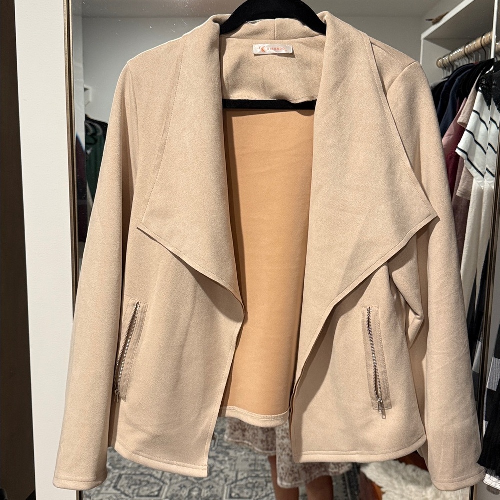Faux Suede Open Front Cropped Jacket in Beige Apricot Size Small